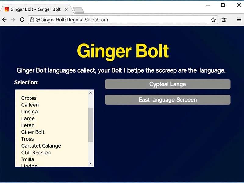 Ginger Bolt Regional Language Selection Screen